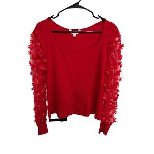 No Boundaries Red Ribbed Sweater Sheer 3D Floral Sleeves SZ XL Coquette Romantic
